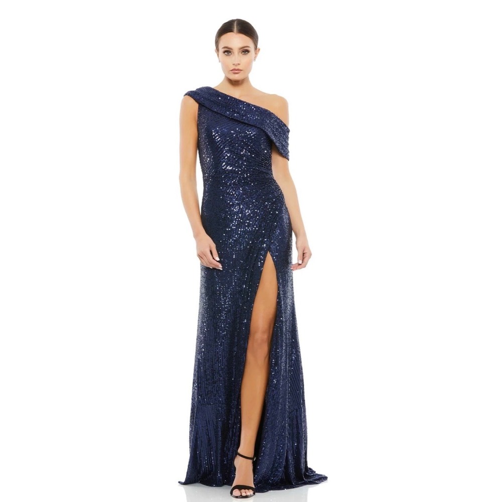 Ieena for Mac Duggal Sequin Off Shoulder Gown Midnight Blue 26550 Size 2 NWT